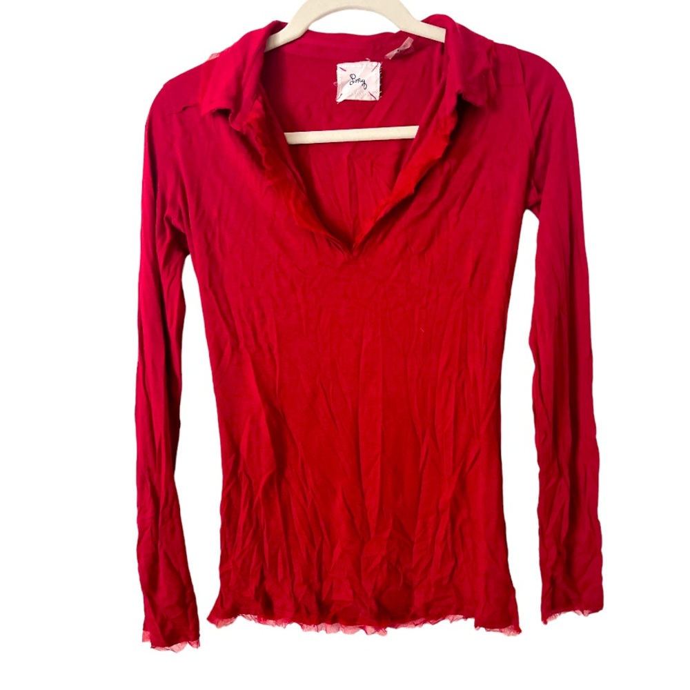 LinQ V-Neck Collared Long Sleeve‎ Top in Red
